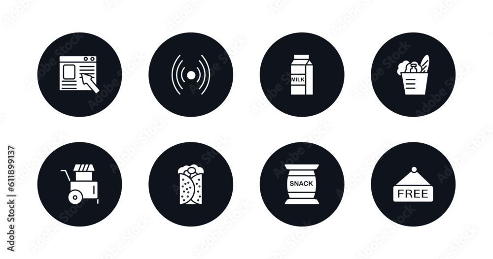 symbol for mobile filled icons set. filled icons such as ordering, online, milk bottle, groceries, street food, burrito, snack, free vector.
