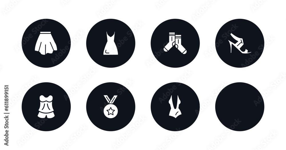 symbol for mobile filled icons set. filled icons such as short skirt, tunic, pirate hat, pair of socks, high heel sandals, pajamas, star medal, women swimsuit vector.