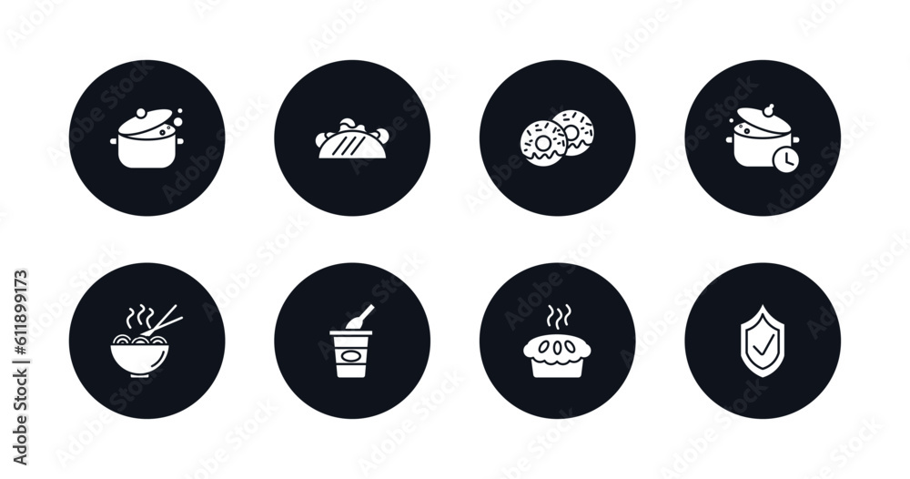 symbol for mobile filled icons set. filled icons such as cooking, taco, doughnut, cooking time, noodles, yogurt, bakery, guarantee vector. symbol for mobile filled icons set. filled icons such as cooking, taco, doughnut, cooking time, noodles, yogurt, bakery, guarantee vector.