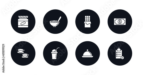 symbol for mobile filled icons set. filled icons such as peanut butter, cereal, chote, cash, cups, beverage, food serving, preparation vector.