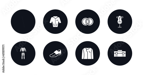 symbol for mobile filled icons set. filled icons such as cheongsam, jacket with buttons, fiance, dressmaker, men tracksuit, men shoe, long sleeves, closed briefcase vector.