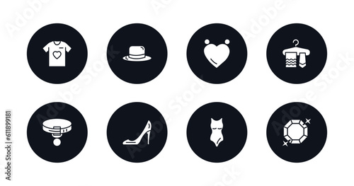 symbol for mobile filled icons set. filled icons such as t shirt with heart, round hat, heart pendant, ties on hanger, collar, high heel shoes, swimwear, diamond precious stone vector.