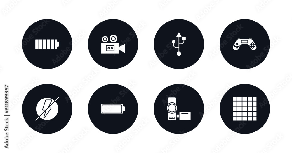 symbol for mobile filled icons set. filled icons such as full battery, old video camera, usb connection, joypad, flash off, empty battery, handy cam, screen grid vector. symbol for mobile filled icons set. filled icons such as full battery, old video camera, usb connection, joypad, flash off, empty battery, handy cam, screen grid vector.