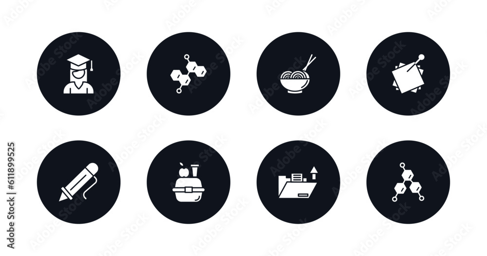 symbol for mobile filled icons set. filled icons such as college graduation, chemical diagram, mie, sticky note, ballpoint pen, lunchbox, open file, chemical formula vector.