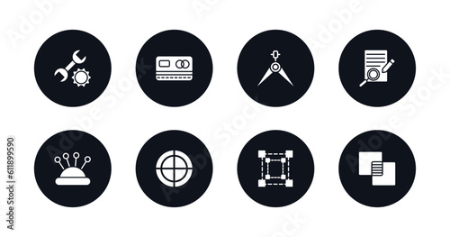 symbol for mobile filled icons set. filled icons such as repair tool, blue card, calipers, defining, needle case, registration mark, free transform, opacity vector.