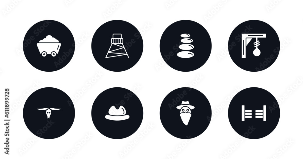 symbol for mobile filled icons set. filled icons such as mine, cowboy tower, stones, gibbet, cattle skull, desert hat, outlaw, saloon vector. symbol for mobile filled icons set. filled icons such as mine, cowboy tower, stones, gibbet, cattle skull, desert hat, outlaw, saloon vector.