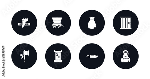 symbol for mobile filled icons set. filled icons such as holster, cowboy cart, old money bag, jail, tomahawk, tower, bullet, arab vector.