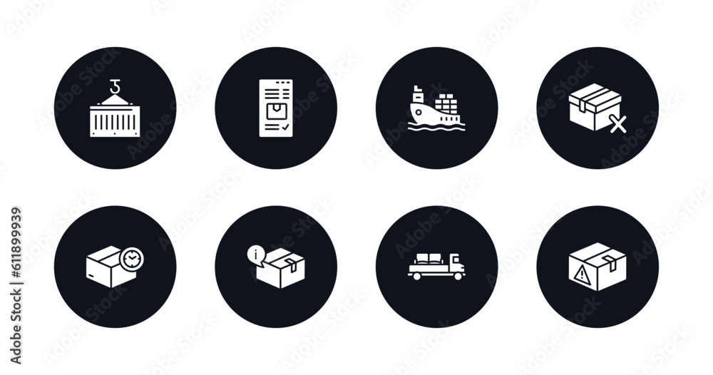 symbol for mobile filled icons set. filled icons such as container, delivery by website, ship by sea, delivery cancelled, delivery time, info, moving, warning vector. symbol for mobile filled icons set. filled icons such as container, delivery by website, ship by sea, delivery cancelled, delivery time, info, moving, warning vector.