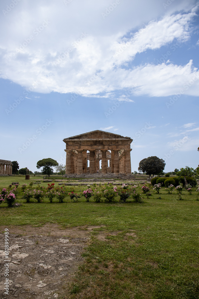Paestum Archaeological Park. beautiful historical ruins of temples from Roman times, Campania, Salerno, Italy