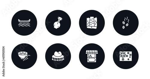 symbol for mobile filled icons set. filled icons such as native american canoe, kora, maletsunyane, coffee grains, ajoblanco, cork hat, food stall, australian flag vector.