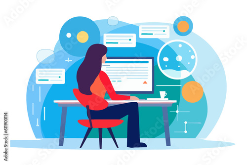 Woman sits at a desk looking at different websites working from home, vector illustration