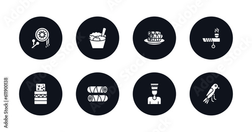 symbol for mobile filled icons set. filled icons such as native american drum, rice pudding, spring rolls, calumet, turron, egg roll, nefertiti, aw on a branch vector.
