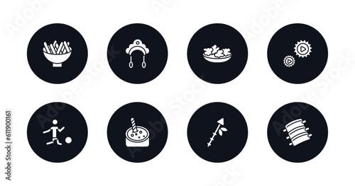 symbol for mobile filled icons set. filled icons such as beef and garlic, kokoshnik, onion patties, ajotomate, brazil soccer player, crema catalana, native american spear, pork ribs vector.