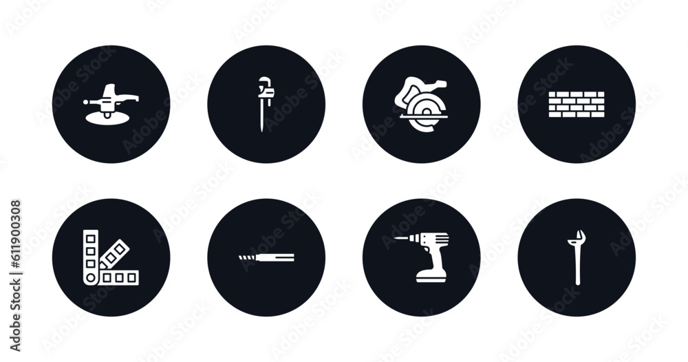 symbol for mobile filled icons set. filled icons such as polishers, stillson wrench, carpenter cutter, brick, pantone, drawing, cordless drill, plumbing vector. symbol for mobile filled icons set. filled icons such as polishers, stillson wrench, carpenter cutter, brick, pantone, drawing, cordless drill, plumbing vector.
