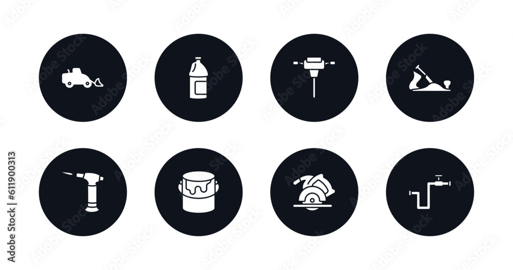 symbol for mobile filled icons set. filled icons such as loader, gallon oil, jackhammer, jack plane, blowtorch, open paint bucket, circular saw, gas pipe vector. symbol for mobile filled icons set. filled icons such as loader, gallon oil, jackhammer, jack plane, blowtorch, open paint bucket, circular saw, gas pipe vector.