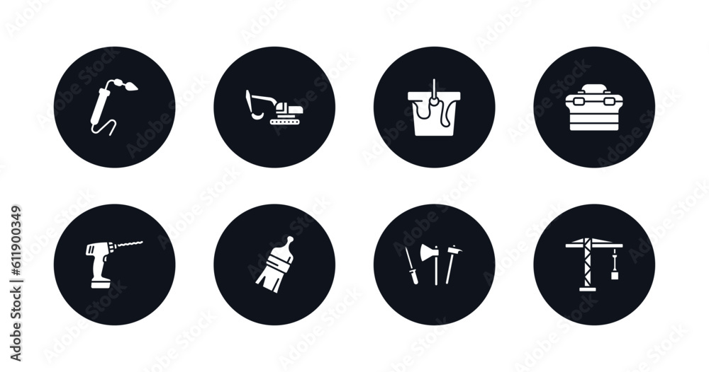 symbol for mobile filled icons set. filled icons such as welding, excavator, paint bucket, tool box, drill, brush, tools, crane vector. symbol for mobile filled icons set. filled icons such as welding, excavator, paint bucket, tool box, drill, brush, tools, crane vector.