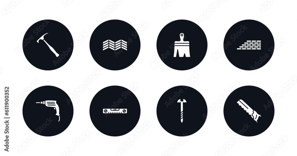symbol for mobile filled icons set. filled icons such as brick hammer, parquet, paint brush, brick wall, hand drill, plumb rule tool, screw, carpenter saw vector. symbol for mobile filled icons set. filled icons such as brick hammer, parquet, paint brush, brick wall, hand drill, plumb rule tool, screw, carpenter saw vector.