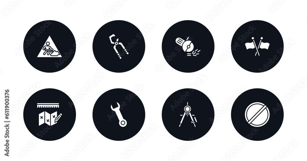 symbol for mobile filled icons set. filled icons such as working, big clippers, angle grinder, flags crossed, measures plan, spanner, drawing compass, stopping vector. symbol for mobile filled icons set. filled icons such as working, big clippers, angle grinder, flags crossed, measures plan, spanner, drawing compass, stopping vector.