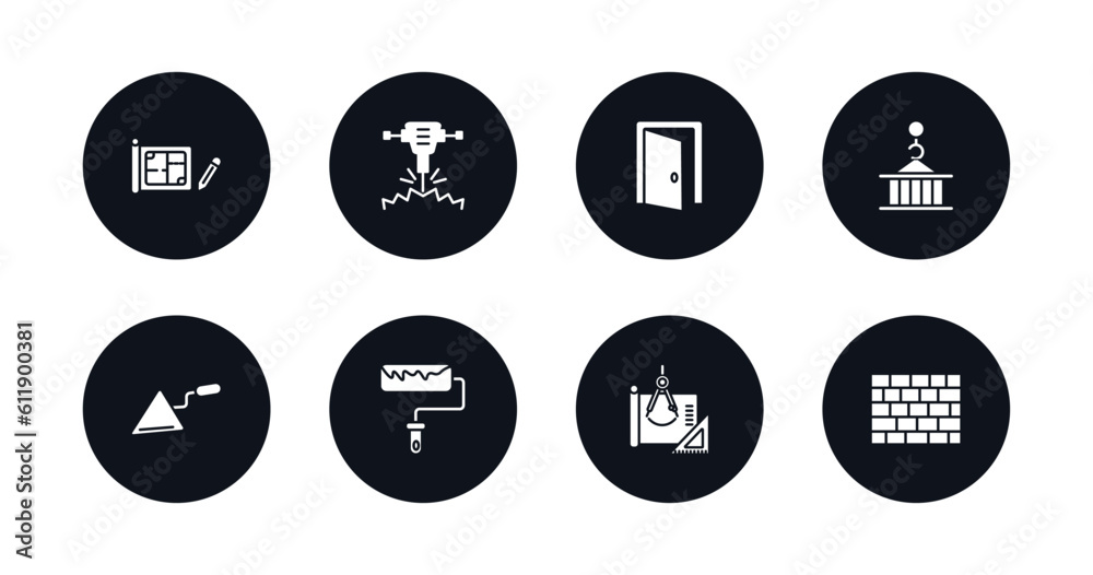 symbol for mobile filled icons set. filled icons such as house plan, hydraulic breaker, doors open, derrick with pallet, construction palette, roller and paint, construction plan, brickwall vector. symbol for mobile filled icons set. filled icons such as house plan, hydraulic breaker, doors open, derrick with pallet, construction palette, roller and paint, construction plan, brickwall vector.