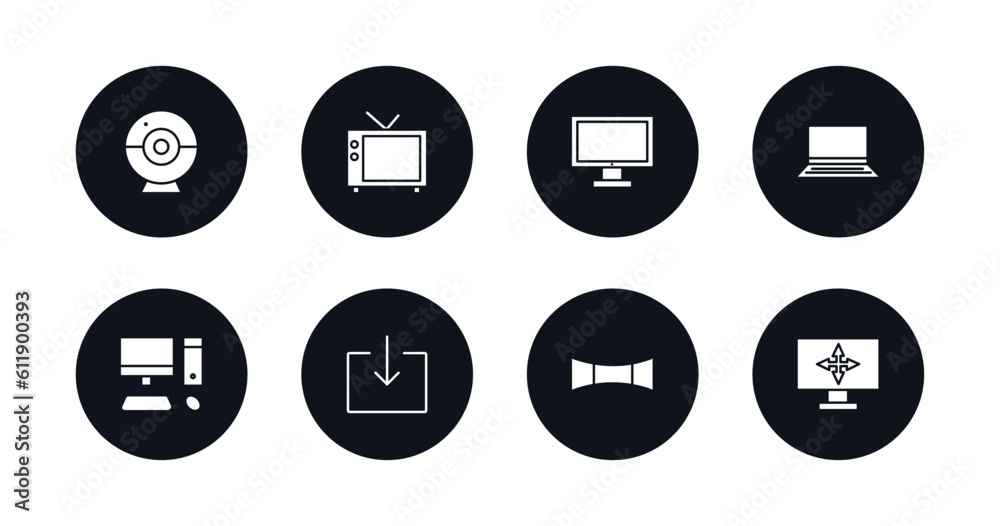symbol for mobile filled icons set. filled icons such as round webcam, televisions, monitor screen, widescreen laptop, pc with monitor, download from the net, 3d screen, full computer vector. symbol for mobile filled icons set. filled icons such as round webcam, televisions, monitor screen, widescreen laptop, pc with monitor, download from the net, 3d screen, full computer vector.