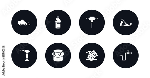 symbol for mobile filled icons set. filled icons such as loader, gallon oil, jackhammer, jack plane, blowtorch, open paint bucket, circular saw, gas pipe vector.