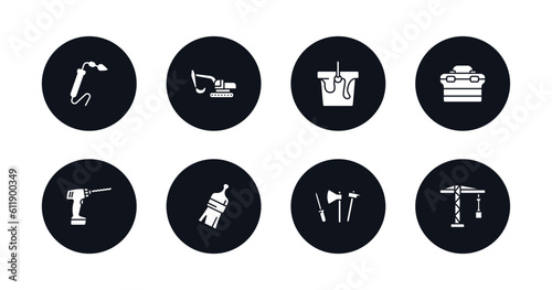 symbol for mobile filled icons set. filled icons such as welding, excavator, paint bucket, tool box, drill, brush, tools, crane vector.