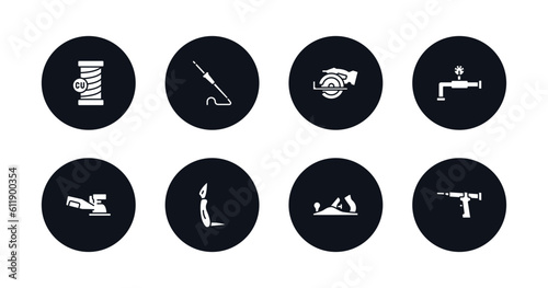 symbol for mobile filled icons set. filled icons such as copper, iron soldering, chop saw, relief valve, sanding hine, jackknife, planer, sealant gun vector.