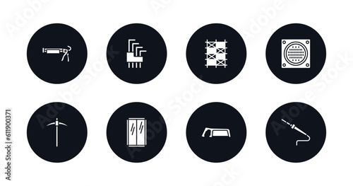 symbol for mobile filled icons set. filled icons such as caulk gun, allen keys, scaffolding, drain, pickaxe, glass wall, metal saw, solder vector.
