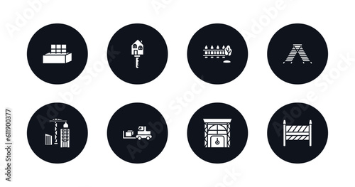 symbol for mobile filled icons set. filled icons such as concrete, home key, garden fence, double ladder, constructions, trolley truck, big door, road barrier vector.