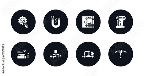 symbol for mobile filled icons set. filled icons such as wrench and gear, inclined magnet, big clo, nail gun, interior de, adjustment system, truck with crane, inclined picker vector.