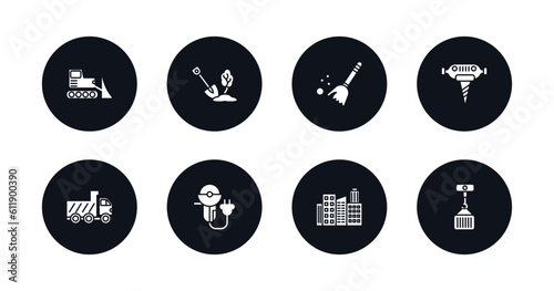 symbol for mobile filled icons set. filled icons such as bulldozer, big shovel, sweeping broom, pickaxes drilling, tipper, grinder, , derrick with load vector.