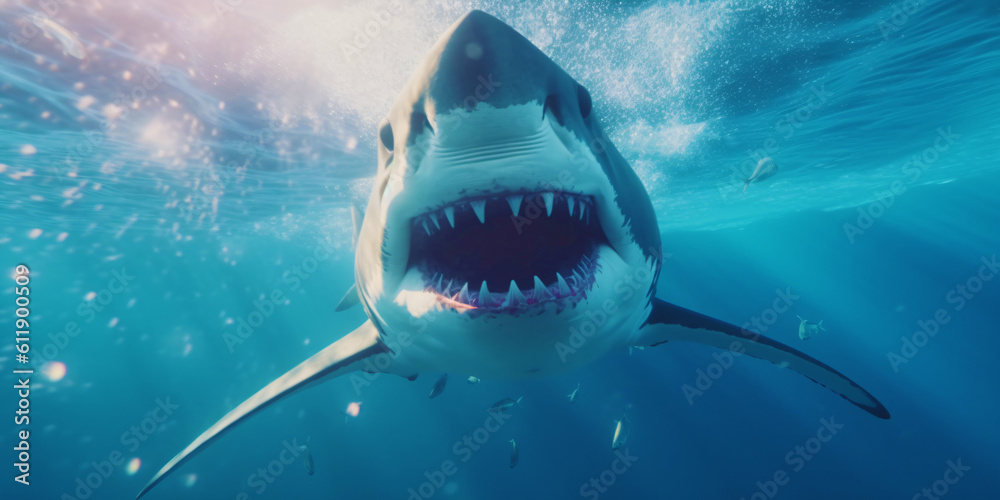 Fototapeta premium aggressive shark looking for prey, generative ai