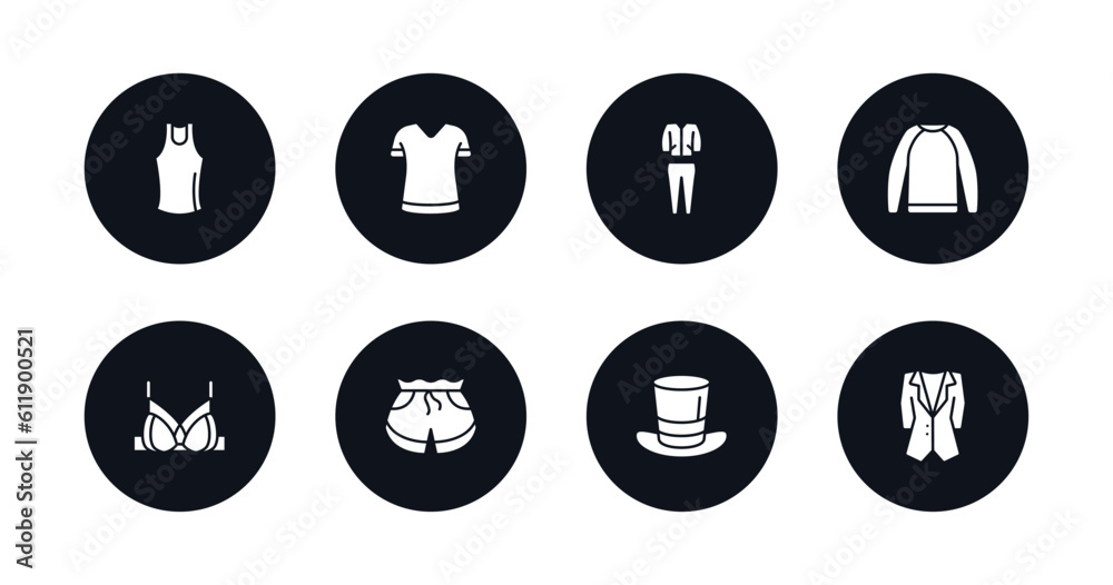 symbol for mobile filled icons set. filled icons such as tank top, t shirt, tracksuit, sweatshirt, brassiere, short, top hat, dinner jacket vector.