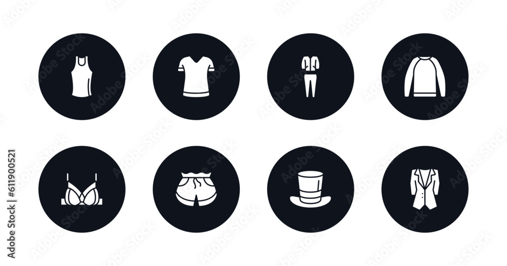 symbol for mobile filled icons set. filled icons such as tank top, t shirt, tracksuit, sweatshirt, brassiere, short, top hat, dinner jacket vector. symbol for mobile filled icons set. filled icons such as tank top, t shirt, tracksuit, sweatshirt, brassiere, short, top hat, dinner jacket vector.