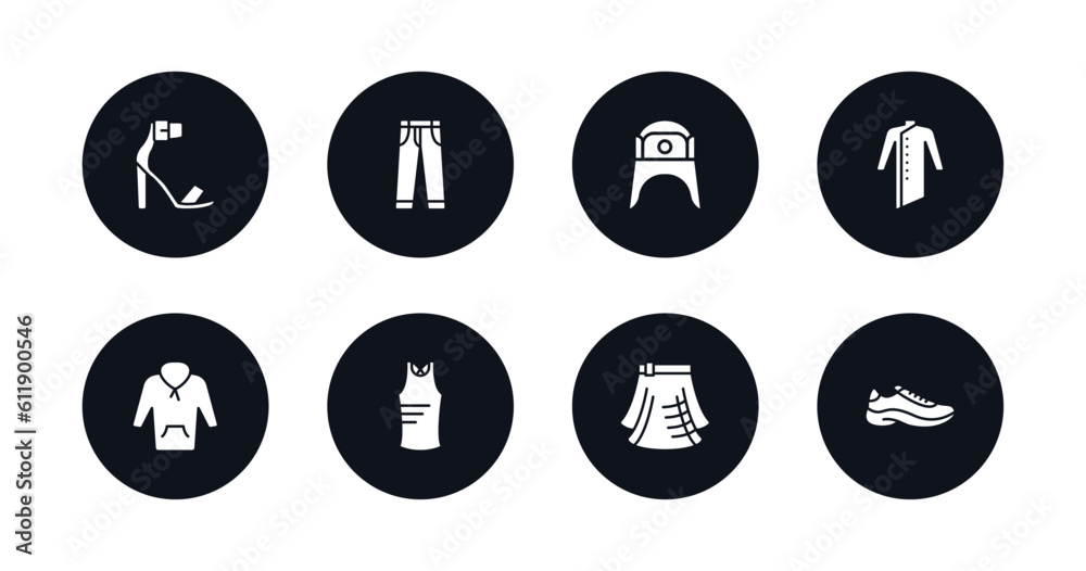 symbol for mobile filled icons set. filled icons such as heels, jeans, ushanka, kurta, fleece, sleeveless shirt, kilt, sneaker vector.