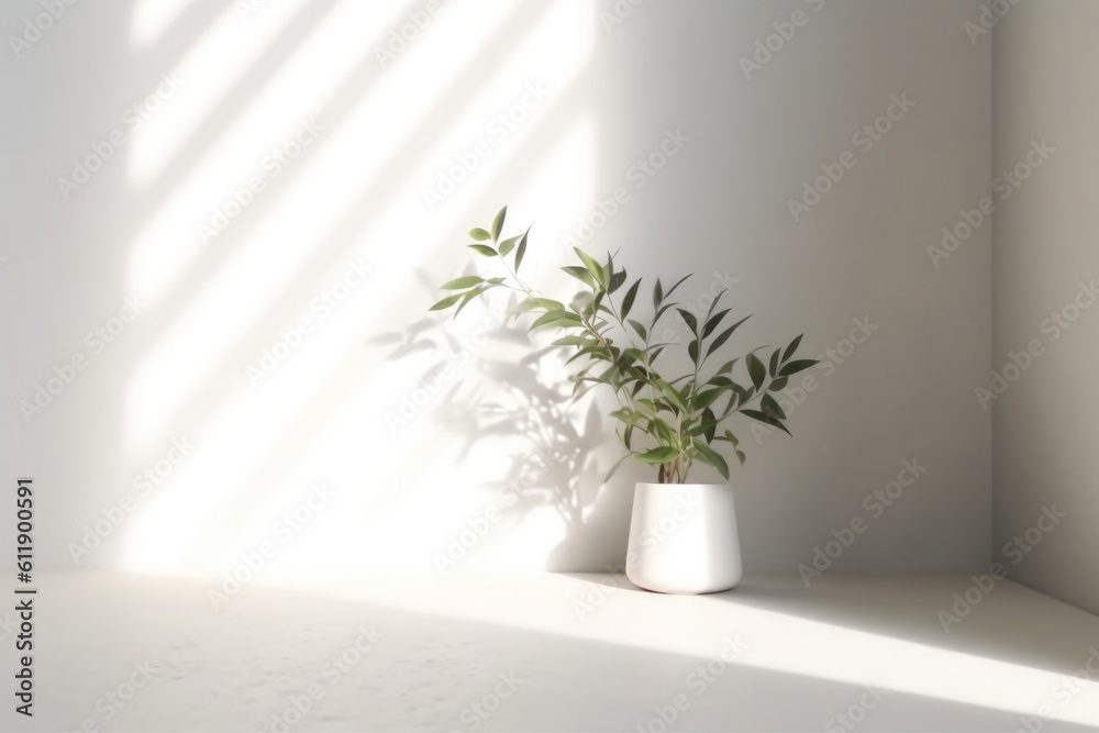 Fototapeta premium Minimalistic Light Background with Blurred Foliage Shadow on a White Wall