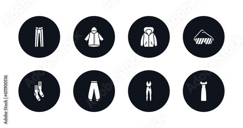 symbol for mobile filled icons set. filled icons such as oxford wave suit pants, nylon jacket, hooded jacket, shutter sunglasses, men socks, harem pants, jumpsuit, long sleeveless dress vector.