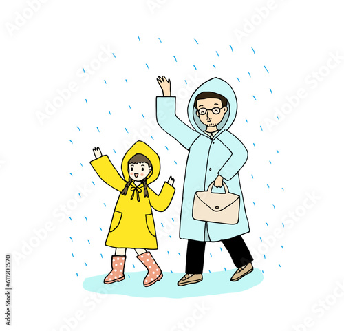 Happy dad and daughter wear raincoat walking in rain. Hand drawn style vector illustration.