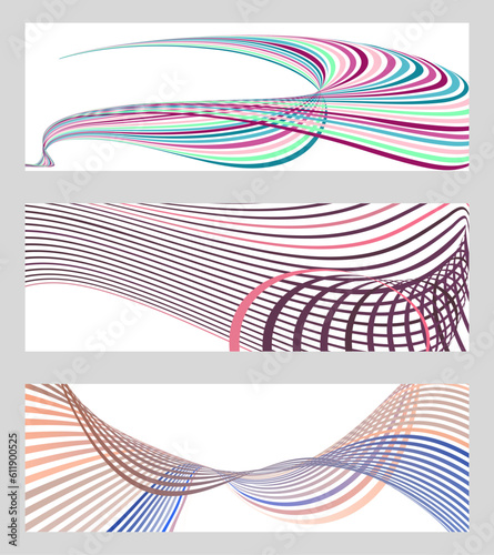 Wavy lines or ribbons. Set of 3 backgrounds. Multicolored striped gradient. Creative unusual background with abstract gradient wave lines to create a trendy banner, poster. vector eps