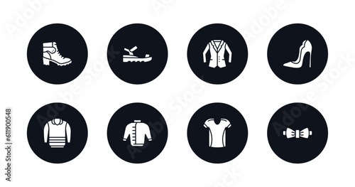 symbol for mobile filled icons set. filled icons such as danica shoes, sandals, blazer, high heel, pullover, windbreaker, jersey, butterfly tie vector.