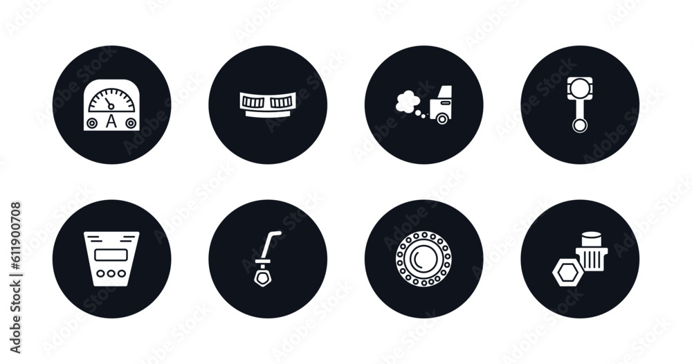 symbol for mobile filled icons set. filled icons such as car ammeter, car cowl, car exhaust, connecting rod, fascia (british), dipstick, bearing, wheel nut vector.