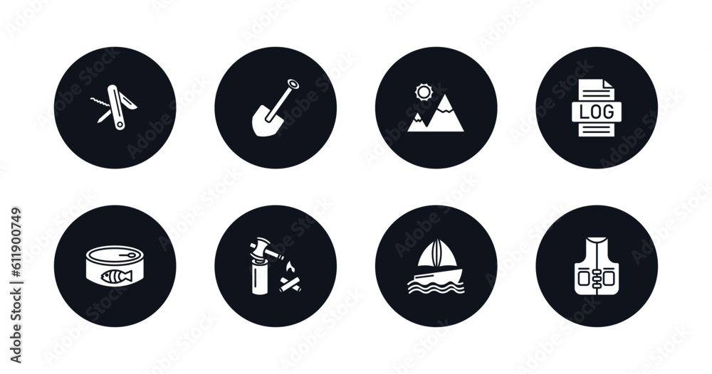 symbol for mobile filled icons set. filled icons such as swiss army knife, shovel, mountain, log, canned food, firewood, boat, fishing vest vector.