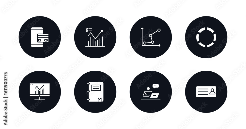 symbol for mobile filled icons set. filled icons such as online payment, analytic visualization, charts, data analytics flow, analytics monitor, workbook, correspondence, business card vector.