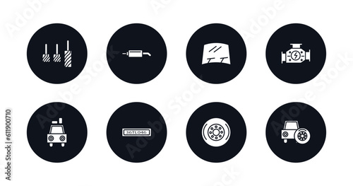 symbol for mobile filled icons set. filled icons such as car accelerator, car silencer, car windscreen, carburettor, luggage rack, numberplate, hubcap, spare wheel vector.