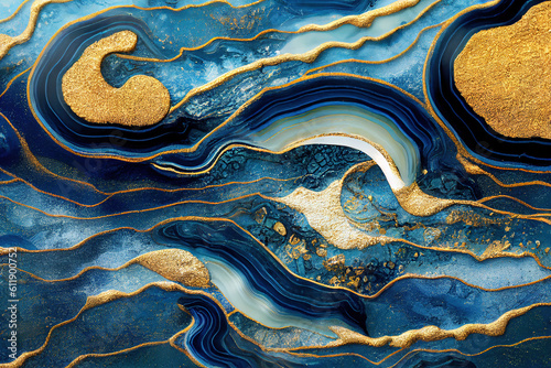 Blue and golden acrylic liquid ink swirl abstract background with ravishing turbulence wavy pattern and detailed texture. Luxury fluid liquid art by Generative AI.
