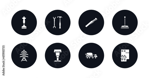 symbol for mobile filled icons set. filled icons such as bolster, garage screwdriver, wedge tool, gardening rake, electric tower, rammer, concrete mixer, circuit breaker vector.