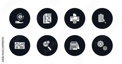 symbol for mobile filled icons set. filled icons such as money back, infographics, print document, revision, hash rate, investigate, wall calendar, cogwheel hine part vector.