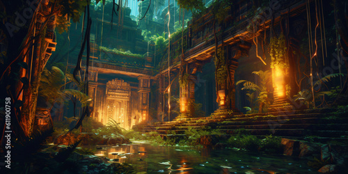 jungle with stone Mayan temple ruins. Fantasy forest landscape with green trees and bushes, fictional landscape made with generative ai © overrust