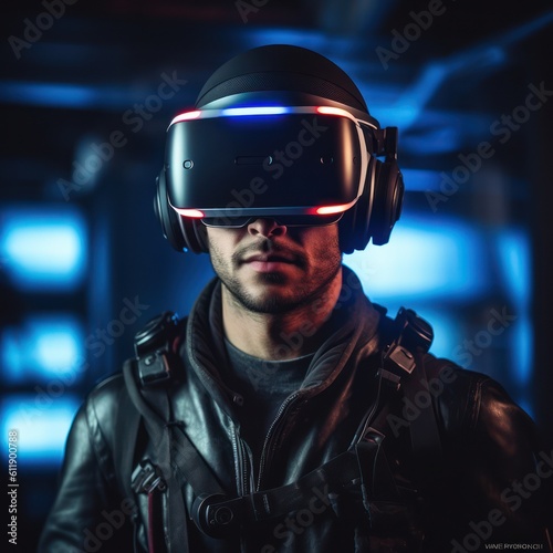 Person wearing VR Virtual Reality Goggles, VR Headset, futuristic metaverse headset goggle device © Layerform