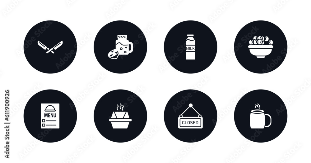 symbol for mobile filled icons set. filled icons such as big knife, drink jar, milk brick, bowl of olives, menu card, food box, closed, hot mug vector. symbol for mobile filled icons set. filled icons such as big knife, drink jar, milk brick, bowl of olives, menu card, food box, closed, hot mug vector.
